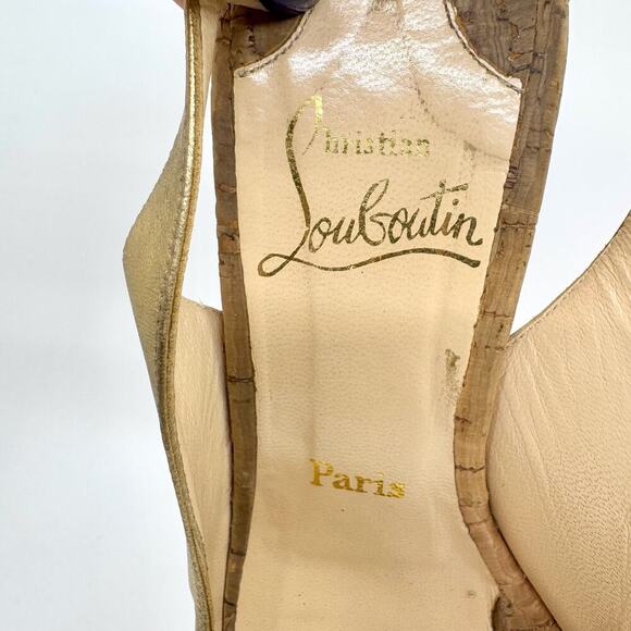 CHRISTIAN LOUBOUTIN Red Bottoms Gold Slingback Peep Toe Cork Platform Wedges - Picture 9 of 11
